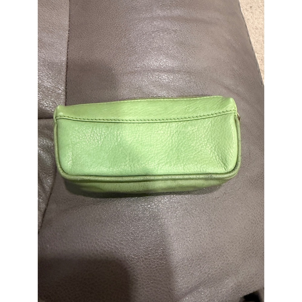 Lime Green Pebbled Genuine Leather Zippered Pouch Cosmetic Makeup Organizer Bag - Picture 2 of 4